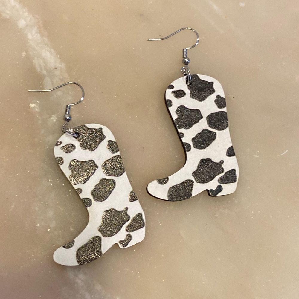 Cow print, western boot earrings